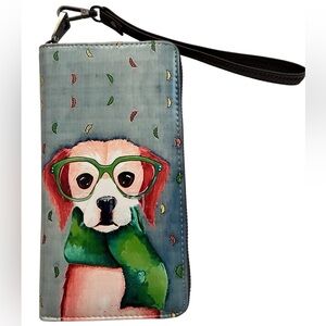 Stylish Dog with Scarf Print Two Sided Wallet Wristlet, NWOT
